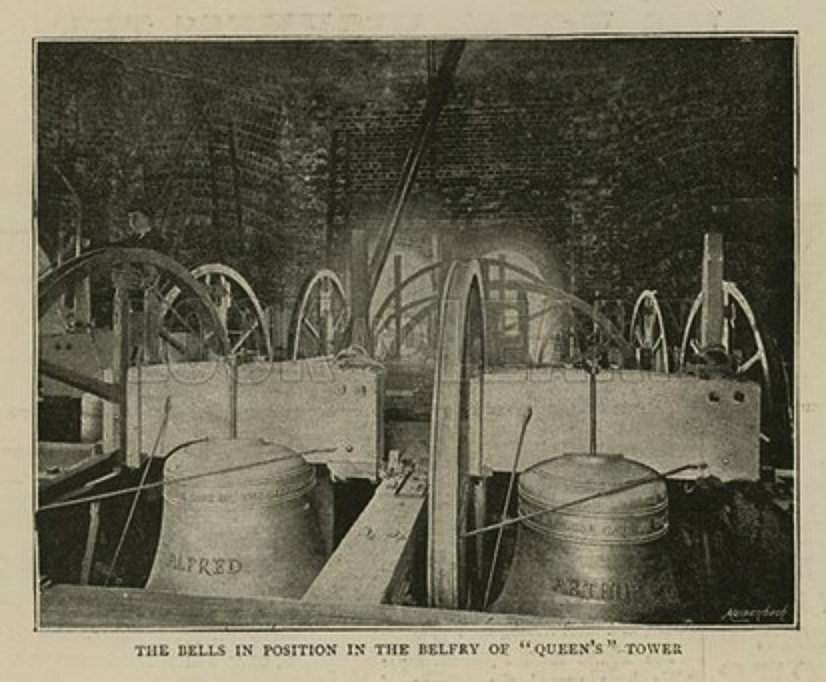 The bells in position in the belfry of “Queen’s&rfdquo; Tower