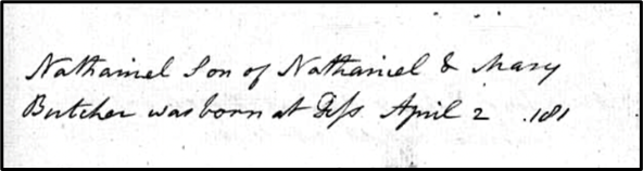 Nathaniel Butcher, birth/baptism
